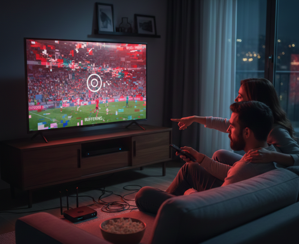 Couple frustré devant une télévision qui bug avec un message de buffering, illustrant pourquoi mon IPTV coupe.